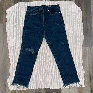 Blank NYC Dark Blue Straight Leg Jeans (Madison Crop) with Distressed Details